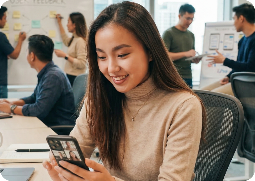 Product manager reviewing spend on her phone at work