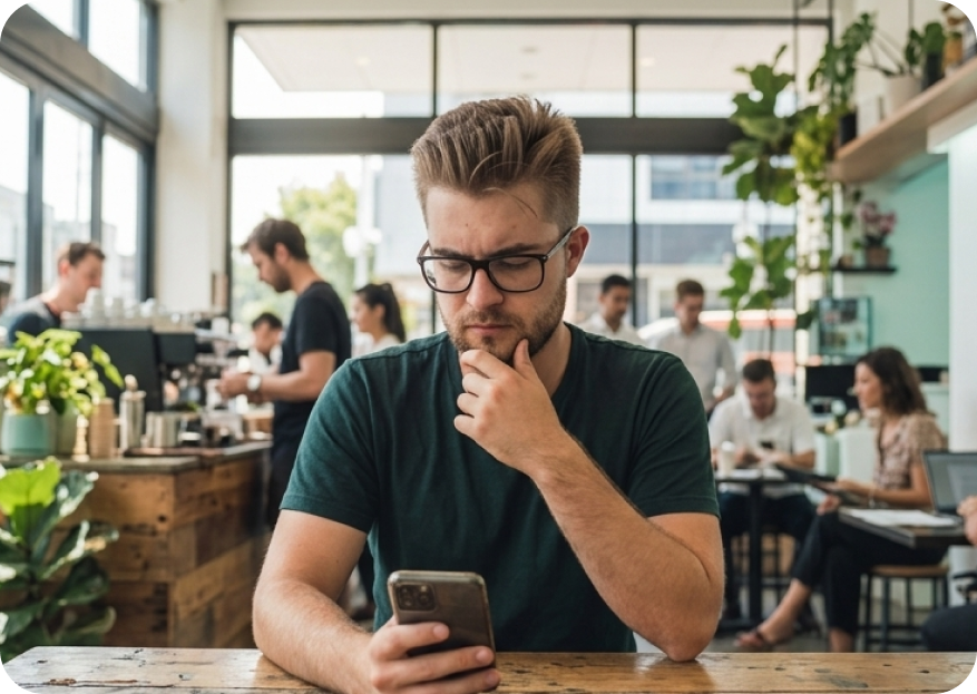 Real estate investor checking portfolios on his phone in a cafe