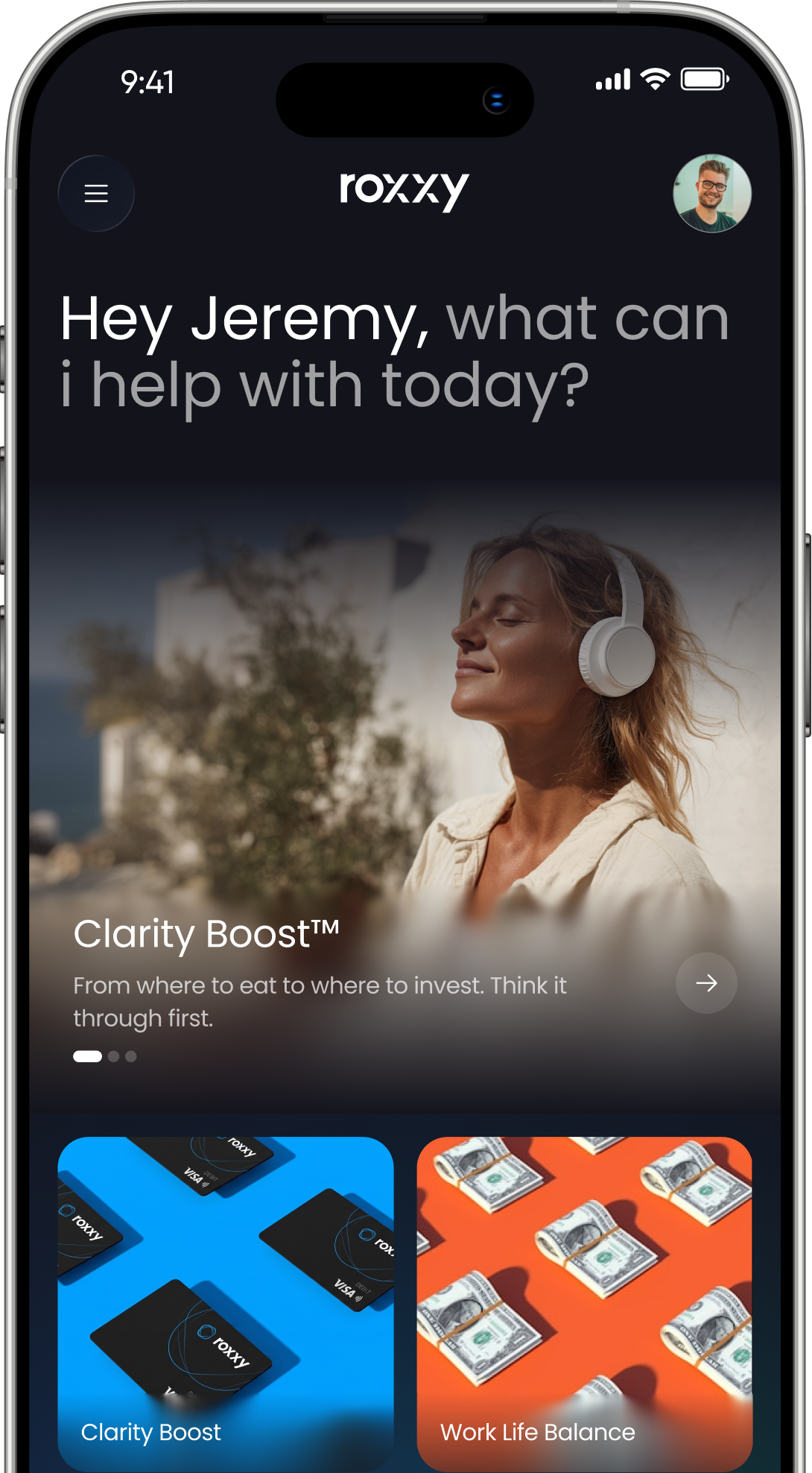 Roxxy app on iPhone showing home and Clarity Boost